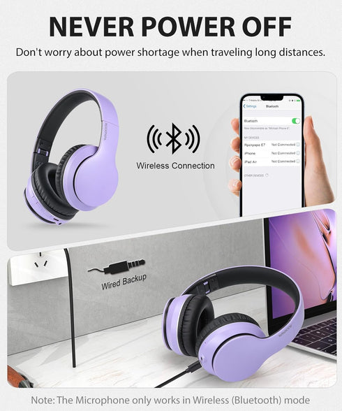 rockpapa E7 Over Ear Wireless Bluetooth Headphones with Mic, Foldable Wired/Wireless Headphones for Kids, Purple Black
