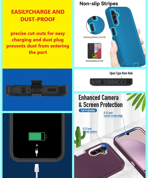 Heavy Duty Protective Cellular Phone Case for Samsung Galaxy A14 5G, Military Grade, Shockproof, Teal/White