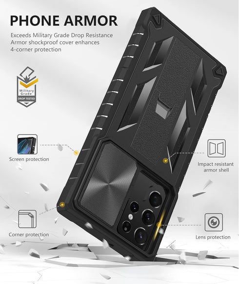 Case for Samsung Galaxy S22 Ultra 5G: Military Grade Rugged Protective Phone Cover with Built-in Kickstand - Black
