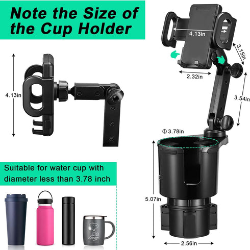 Car Cup Holder Expander with Phone Mount, 360° Rotation Cell Phone Holder for Car, Compatible with iPhone All