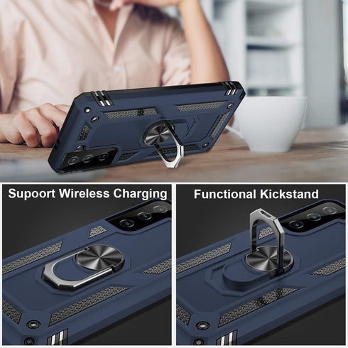 IKAZZ Galaxy S21 Case, Military Grade Shockproof Heavy Duty Protective Cover with Magnetic Kickstand, Blue