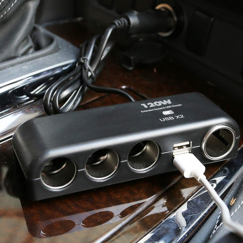 XINFENG 4 Way Car Charger Splitter Power Adapter with Multi Socket Dual USB 12V-24V