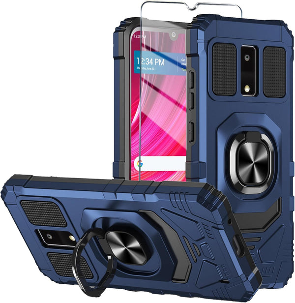 BLU View 4 Phone Case with Tempered Glass Screen Protector, Navy Military Grade Heavy Duty Shockproof with Ring
