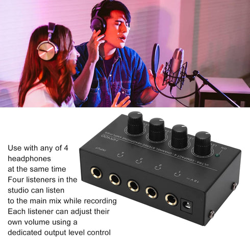 DAUERHAFT 4 Channel Stereo Headphone Amp - Ultra Low Noise Mini Earphone Splitter for Sound Reinforcement (US Plug)