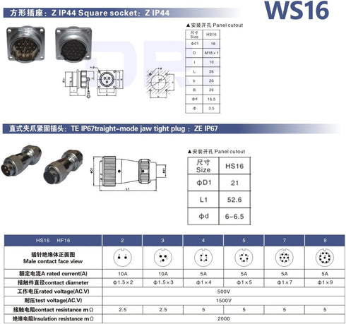 DRRI WS16 f16mm 2pin 3pin 4pin 5pin 6pin 7pin 9pin Metal Square Flange Panel Mount Aviation Cable Connector