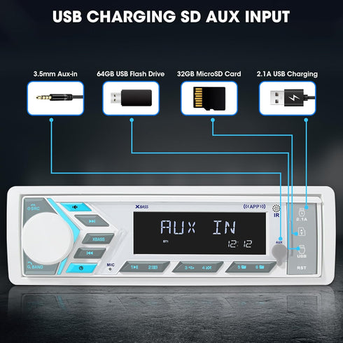 Single Din Marine Stereo Receiver: Bluetooth Boat Radio with Digital LCD Display, AM FM MP3, USB Charging