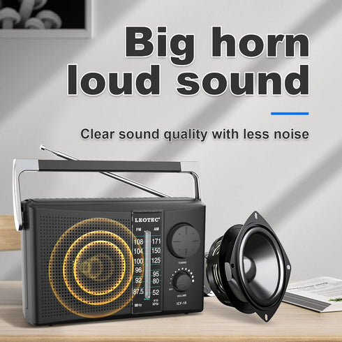 LEOTEC Portable AM FM Radio with Best Reception, Battery Operated or AC Power, Black