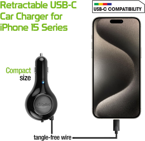 Cellet Retractable Car Charger for iPhone 15, Samsung Galaxy, Google Pixel (Type-C 15 WATT)