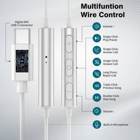 USB C Headphones, Magnetic Wired Earbuds with Microphone, Noise Isolation for Samsung S24 S23 FE iPhone 15, Pixel 7 6 5