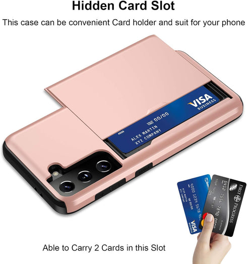 Jiunai for Samsung Galaxy S21 Case, Rose Gold Credit Card IDs Cash Holder Shell Wallet Case Slide Cover