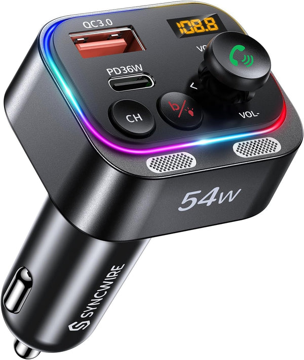 Syncwire Bluetooth 5.4 FM Transmitter Car Adapter, 54W (PD 36W & 18W), Wireless Radio Receiver, Hands-Free Calling, LED