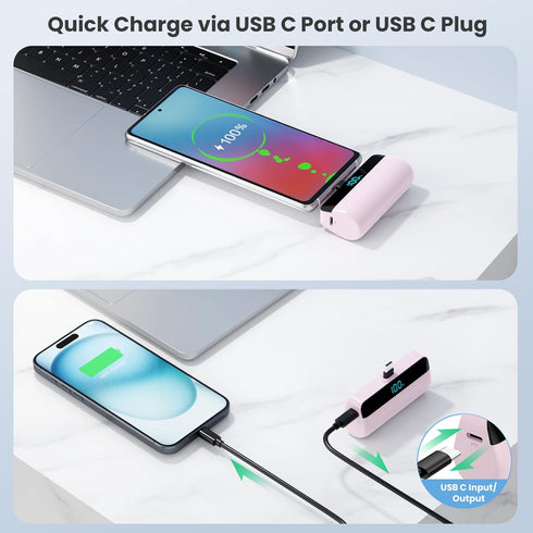 Mini Portable Charger with USB-C Connector, 5200mAh, Compact LCD Display Power Bank for iPhone 15/14/13/12