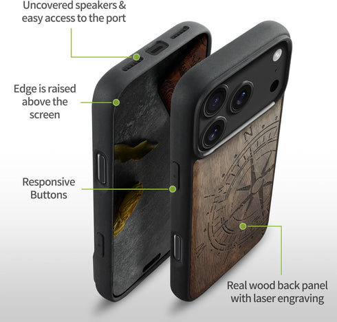 Carveit 17 Magnetic Wooden Case for iPhone Pro Max Case, Wood Artisan Engraved & Black Soft TPU Shockproof Cover