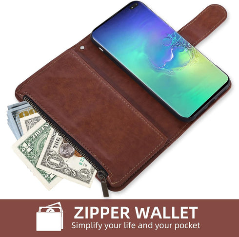 Asuwish Wallet Case for Samsung Galaxy S10 Plus - Brown Leather Flip with Tempered Glass & Card Holder Stand.