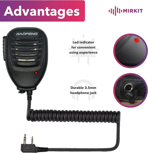 MIRKIT 2pcs Baofeng Mic for Two Way Radio, Radio Shoulder Mic with Reinforced Cable, Noise Reduction, USA Warranty