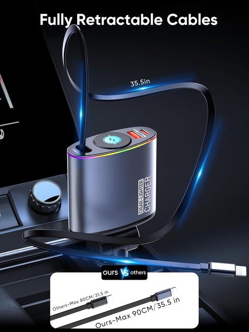 Topume 60W Fast Charging Retractable Car Charger, 2.9FT Cable for iPhone with Colorful Ambient Lighting, Galaxy
