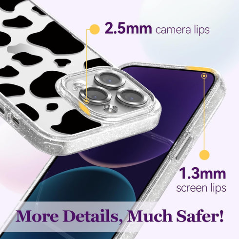 Cute Aesthetic iPhone 14 Pro Case - Glitter Clear Milk Cow Print Cover with Camera Protector & Wrist Strap for Women,