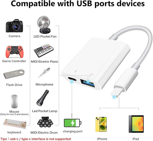 Lightning to USB Camera Adapter with Charging Port for iPhone Portable USB 3.0 Female OTG Cable for iPad to Connect Card Reader USB Flash Drive U Disk Microphone Keyboard Mouse Hubs Midi