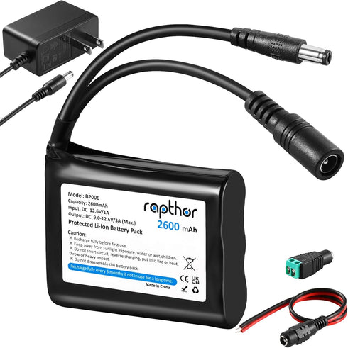 rapthor 12V 2600mAh Rechargeable Li-ion Battery Pack with 12.6V Charger, 3A Max DC
