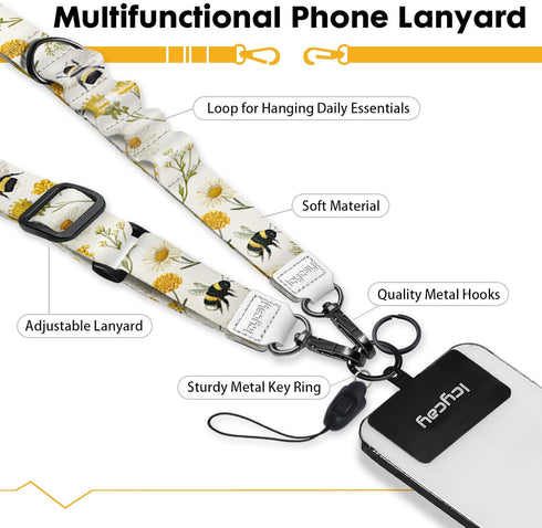 Icycay Phone Lanyard Crossbody, Floral Bee Cell Phone Strap for Around The Neck Adjustable, Flower Teacher Anti Theft