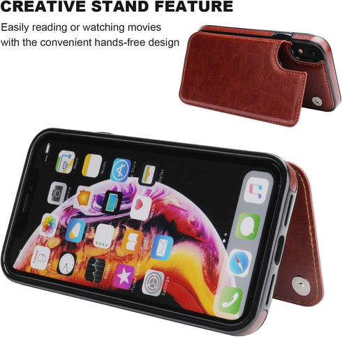 iPhone XR Wallet Case with Card Holder, Premium PU Leather Kickstand, Double Magnetic Clasp, Shockproof Cover (Brown)