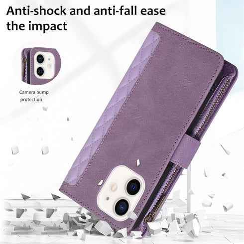 Asuwish iPhone 12 Pro Wallet Case: Purple Flip Cover with Tempered Glass, Zipper Card Holder & Crossbody Strap for