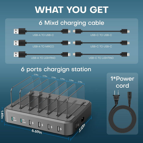 Charging Station for Multiple Devices - 65W 6 Port USB C Charger with 2 20W PD Ports, Short Cables Included