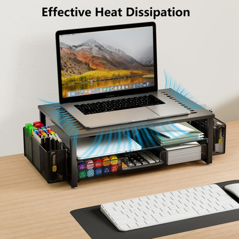gianotter Desk Computer Monitor Stand Riser with Drawer and 2 Pen Holders, Black Desk Organizer for Office