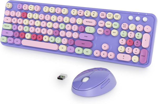 Fogruaden Purple Wireless Keyboard and Mouse - Retro Typewriter Keyboard, 2.4GHz 104 Keys Full Size Cute Keyboard for