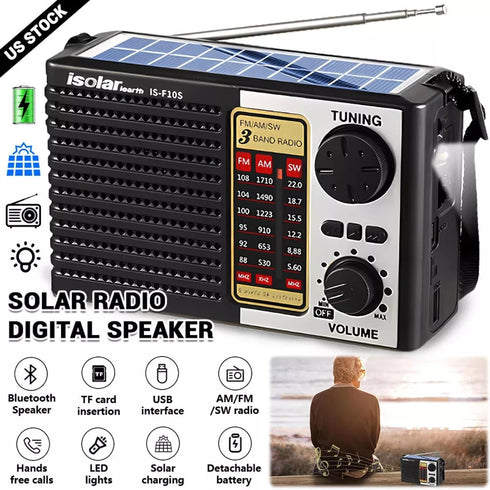 ikaufen MP3 Solar Portable FM/AM SW Radio Digital Bluetooth Speaker Player Rechargeable Comes with a Flashlight
