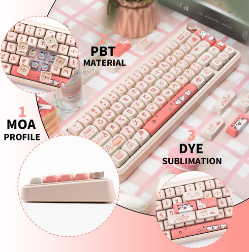PBT Keycaps, 139 Cute MOA Dye-Sublimation Set for 61/64/68/84/87/100/104/108 Cherry MX Mechanical Keyboard (Pink Cat)