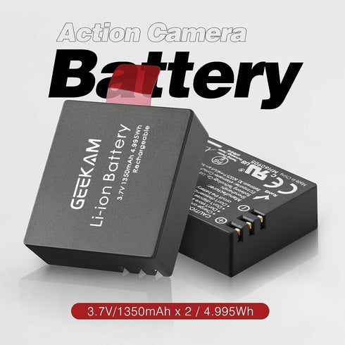 Action Camera Battery Pack, 1350mAh Rechargeable Battery (3-Pack) with USB Dual Charger for Sports Cameras