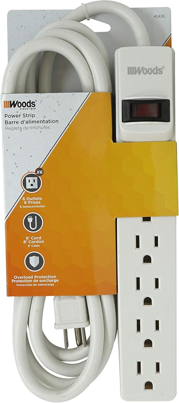 Woods 41436 Power Strip with 6 Outlets, Overload Safety Switch, 8 Foot Cord, White