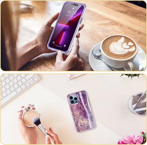 Esdot iPhone 13 Pro Case with Built-in Screen Protector, Military Grade Rugged Cover for Women, Glitter Purple Marble