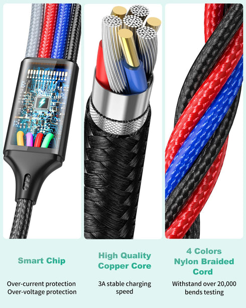 HanCenDa 4 in 2 Multi Charging Cable, 3Pack 6FT Universal Multi USB Charger Cable for All Devices Nylon Braided USB A/C