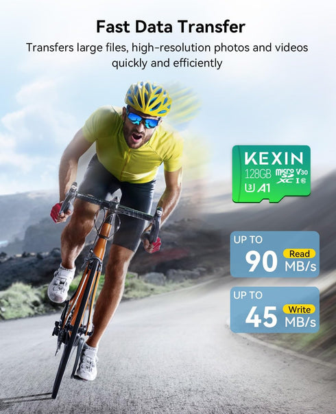 KEXIN 128GB Micro SD Card with Adapter, Up to 90MB/s 4K, V30, A1, C10, Compatible with Action Camera, Drone, Smartphone