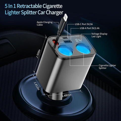 Paiholy 5 in 1 Retractable Car Charger Cigarette Lighter Splitter, 159W Fast Charger with Dual USB Port