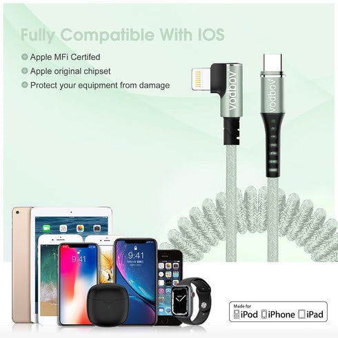 Coil Lightning to USB-C Cable, 8ft to 2ft, 90 Degree Right Angle, Ultra-Strong MFi Certified Fast Charging Cord