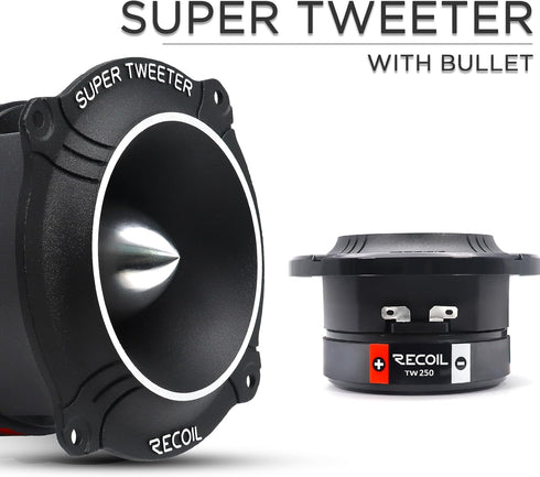 RECOIL TW250 High Compression Car Bullet Super Tweeters, 1-Inch Voice Coil, 400 Watts Max, Pair