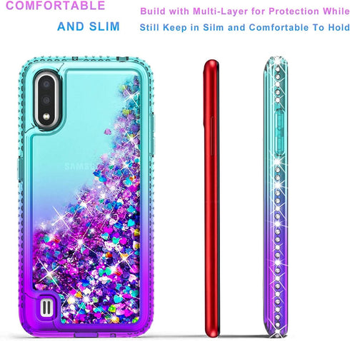 STARSHOP Compatible with Samsung Galaxy A01 Phone Case, Liquid Floating Glitter Quicksand Bling Cover with Tempered