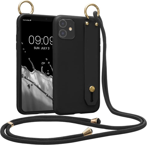kwmobile Case for Apple iPhone 11 - Soft TPU Phone Cover with Hand Strap Holder and Lanyard in Black
