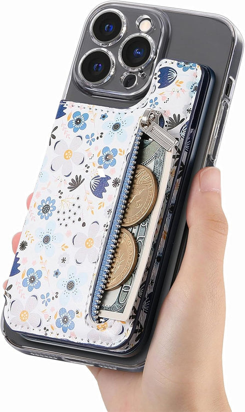 Stick on Wallet for Phone Case, Credit Adhesive Card Holder for Back of Phone Cases, Flip Leather Zipper Flower Wallet