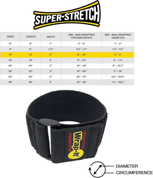 Wrap-It Storage Super-Stretch 12" Cinch Straps - 8 Pack Elastic Hook and Loop for Cord Organizer