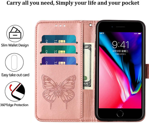 iPhone SE 2022/SE 2020 Case, Wallet Case for iPhone 6/6S/7/8, Butterfly Floral Embossed Leather Protective Flip Cover