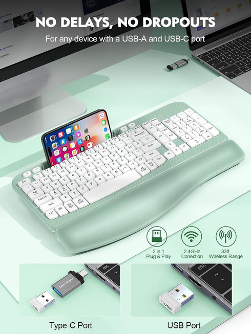 EAYBLLY 2.4GHz Ergonomic Wireless Keyboard with Cushioned Wrist Rest, Wave Keys, Phone Holder, Comfortable Natural