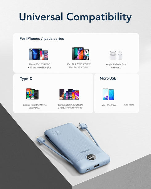 VEGER Portable Charger for iPhone, Built-in Cables and Wall Plug, 10000mAh Slim Fast Charging Power Bank