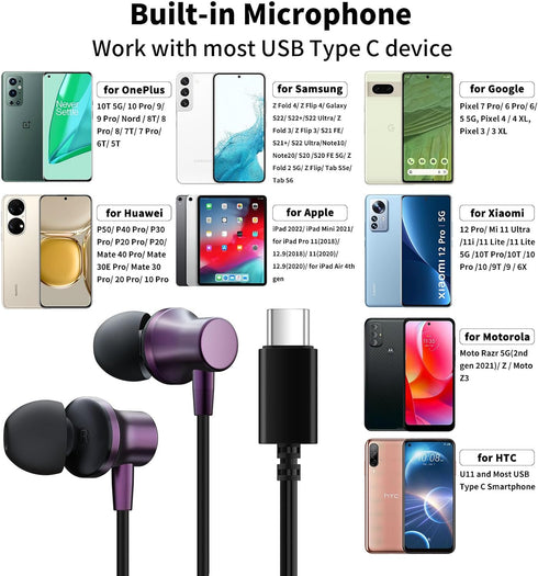 USB C Headphones with Mic, Wired Earbuds for Galaxy S24 S23 FE S22 S21 iPhone 15, Magnetic Noise Canceling in-Ear