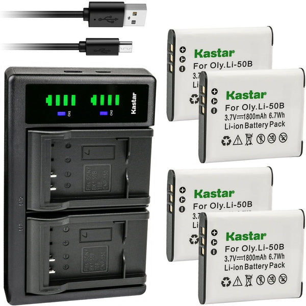 Kastar 4-Pack Battery and LTD2 USB Charger for Olympus Li-50B Panasonic VW-VBX090 Pentax D-Li92 Battery