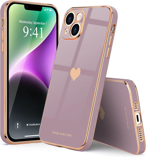 Teageo iPhone 14 Case - Cute Lavender Love Heart, Luxury Electroplate, Soft Bling, Shockproof, Full Camera Protection.