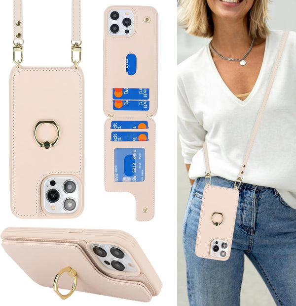 iPhone 15 Pro Case with Card Holder and Strap for Women, Crossbody Lanyard, Stand Ring Kickstand, Cute Wallet 6.1"
